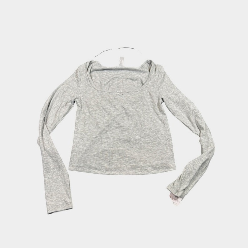 Colsie Gray Ribbed Long Sleeve Cropped Ballet Top with Bow Square Neck Small NWT